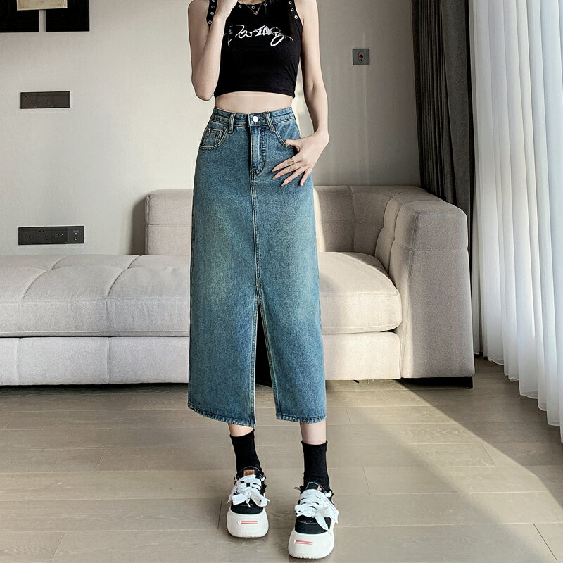 ハイウエスト ヒップ ハグ スカート デニムスカート 半身 レディース スカート ミドル丈 スリット入り Aラインスカート ポケット付き ベルトループ ヴィンテージ風 ブルー デニムスカート 大人気 スタイリッシュ カジュアル シンプル 柔らか 着痩せ ゆったり きれいめ お洒落