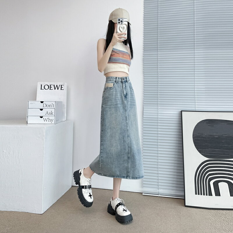 デニム スカート 半身 レディース スカート ヒップ ハグ スカート ミドル丈 スリット入り ハイウエスト Aラインスカート ベルトループ ポケット付き ライトブルー デニムスカート シンプル カジュアル スタイリッシュ セクシー ガーリー 着痩せ お洒落 ゆったり 大人 女性用