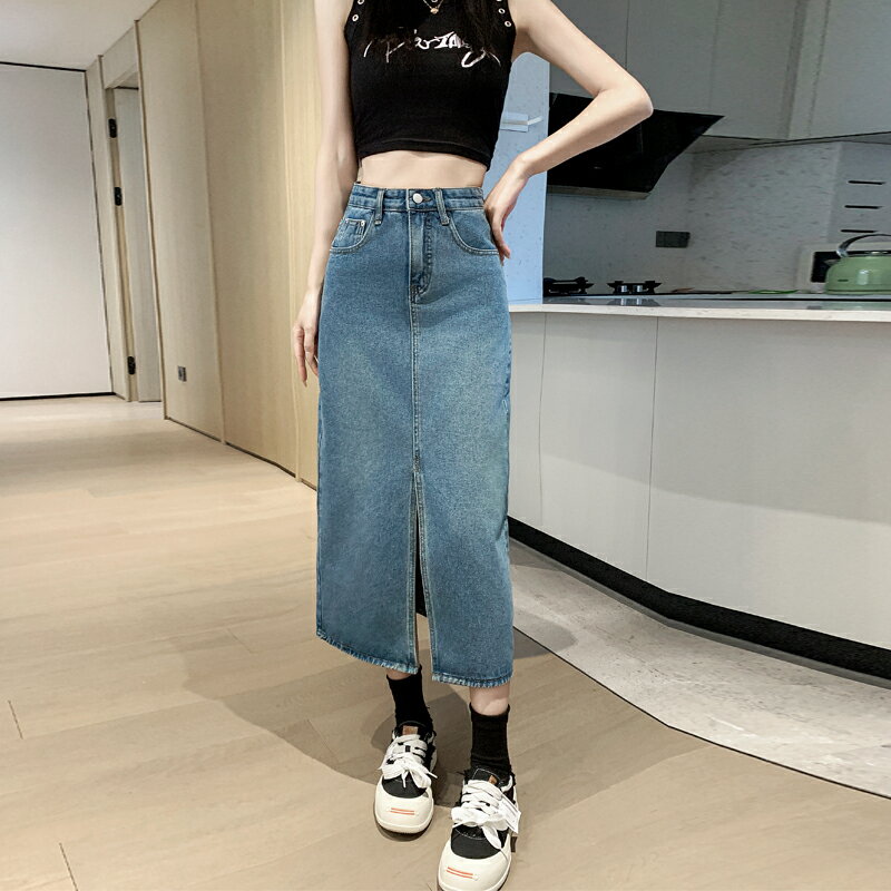 ハイウエスト ヒップ ハグ スカート デニムスカート 半身 レディース スカート ミドル丈 スリット入り Aラインスカート ポケット付き ベルトループ ヴィンテージ ブルー デニムスカート 大人気 着痩せ ゆったり きれいめ お洒落 スタイリッシュ カジュアル 普段使い 通勤通学