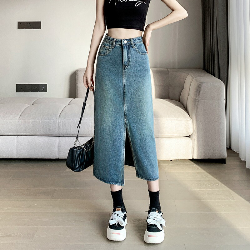 ハイウエスト ヒップ ハグ スカート ミドル丈 スリット入り デニムスカート 半身 レディース スカート Aラインスカート ヴィンテージ ブルー デニムスカート 大人気 ポケット付き ベルトループ 着痩せ ゆったり きれいめ お洒落 スタイリッシュ 旅に出る 写真を撮る 普段使い