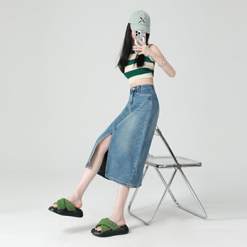 レディース スカート ハイウエスト 半身 デニムスカート スリット入り ミドル丈 ヒップ ハグ スカート ベルトループ ポケット付き ヴィンテージ Aラインスカート ブルー シンプル 着痩せ ゆったり 体型カバー 柔らか 抜け感 カジュアル きれいめ おしゃれ 大人 女性用 大学生