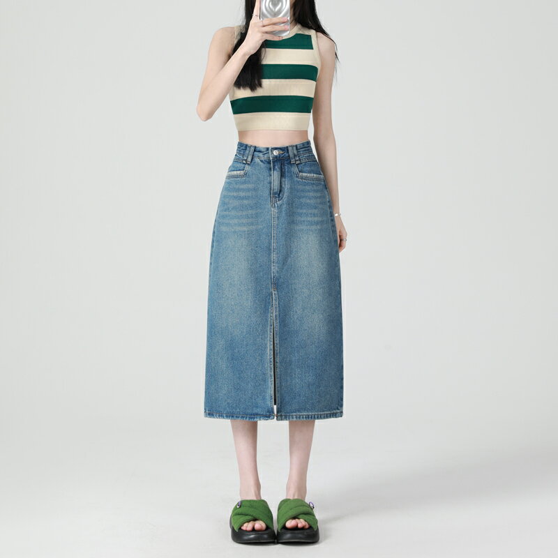 デニムスカート ハイウエスト レディース スカート スリット入り 半身 デニムスカート ミドル丈 ヒップ ハグ スカート フレアスカート ベルトループ ポケット付き ヴィンテージ Aラインスカート ブルー シンプル 柔らか 着痩せ ゆったり 抜け感 カジュアル きれいめ おしゃれ