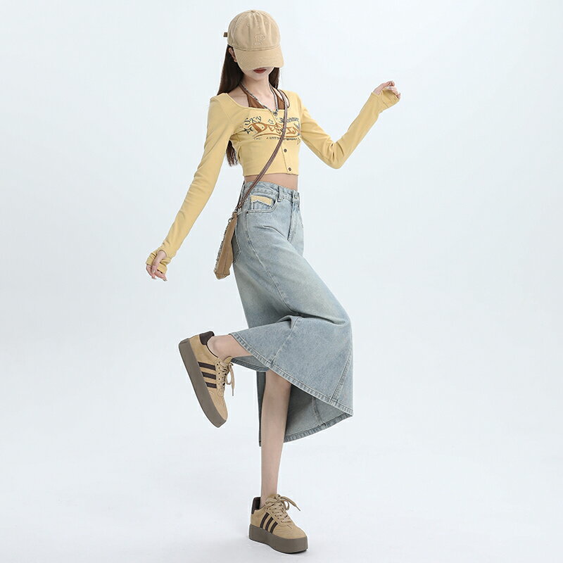 デニムスカート 半身 レディース スカート ヒップ ハグ スカート スリット入り ハイウエスト ミドル丈 Aラインスカート ベルトループ ポケット付き ライトブルー デニムスカート 美脚 脚長効果 着痩せ お洒落 ゆったり シンプル カジュアル スタイリッシュ セクシー ガーリー