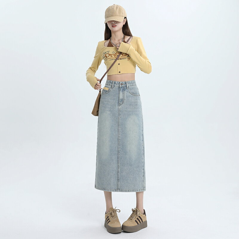 ヒップ ハグ スカート デニムスカート 半身 レディース スカート スリット入り ハイウエスト ミドル丈 Aラインスカート ベルトループ ポケット付き ライトブルー デニムスカート シンプル カジュアル スタイリッシュ セクシー ガーリー 美脚 脚長効果 着痩せ お洒落 ゆったり