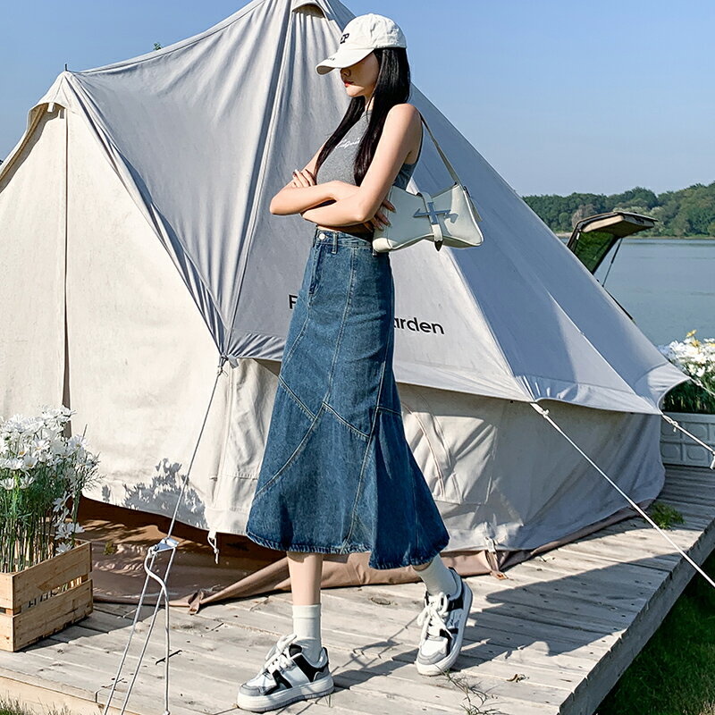 マーメイド スカート レディース スカート デニム 半身 スカート ミドル丈 ハイウエスト Aラインスカート ヒップ ハグ スカート スリット入り ポケット付き ベルトループ スカート デザイン感 パッチワーク ヴィンテージ風 きれいめ 着痩せ ゆったり 可愛い 柔らか おしゃれ