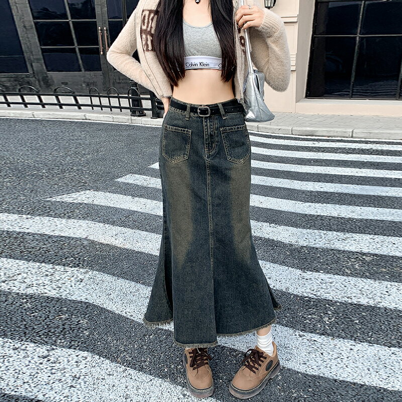 マーメイドスカート 半身 フリル デニムスカート ハイウエスト レディース スカート ミドル丈 ヒップ ハグ スカート ベルトループ ポケット付き Aラインスカート フリンジ スカート 着痩せ ゆったり 抜け感 カジュアル きれいめ おしゃれ 上品 エレガンス 大人 女性用 大学生