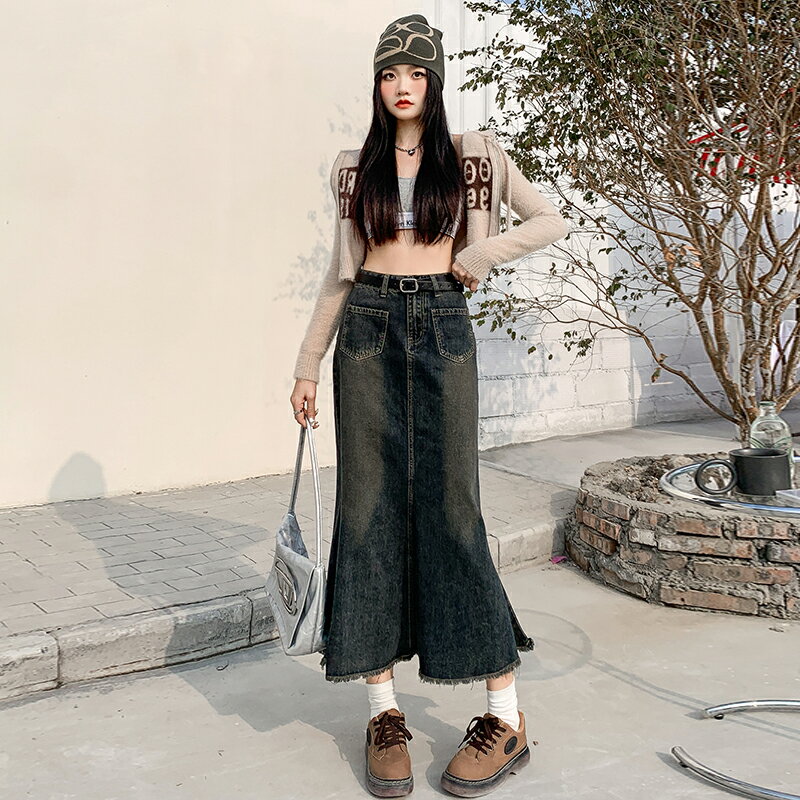 レディース スカート マーメイドスカート 半身 フリル デニムスカート ハイウエスト ミドル丈 ヒップ ハグ スカート ベルトループ ポケット付き Aラインスカート フリンジ スカート カジュアル きれいめ おしゃれ 上品 エレガンス 着痩せ ゆったり 抜け感 大人 女性用 大学生