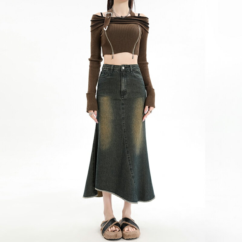 レディース スカート 半身 デニムスカート マーメイドスカート フリル ハイウエスト ミドル丈 ヒップハグ スカート ベルトループ ポケット付き Aラインスカート 不規則デザイン ウォッシュ加工 カジュアル きれいめ おしゃれ エレガンス 上品 着痩せ ゆったり ケーキスカート