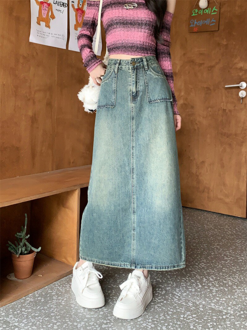 半身 デニムスカート ハイウエスト レディース スカート ミドル丈 ベルトループ ポケット付き Aラインスカートスリット入り ヴィンテージ風 スタイリッシュ カジュアル きれいめ おしゃれ 抜け感 上品 エレガンス 着痩せ ゆったり オールシーズン 着回し 大人 女性用 大学生