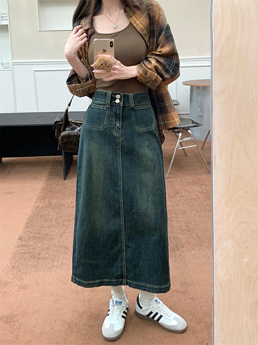 ヒップ ハグ スカート 半身 デニムスカート レディース スカート ミドル丈 ハイウエスト スリット入り ブルー Aラインスカート ポケット付き ベルトループ ヴィンテージ風 ストレッチ デニムスカート 着痩せ ゆったり 体型カバー カジュアル シンプル スタイリッシュ お洒落