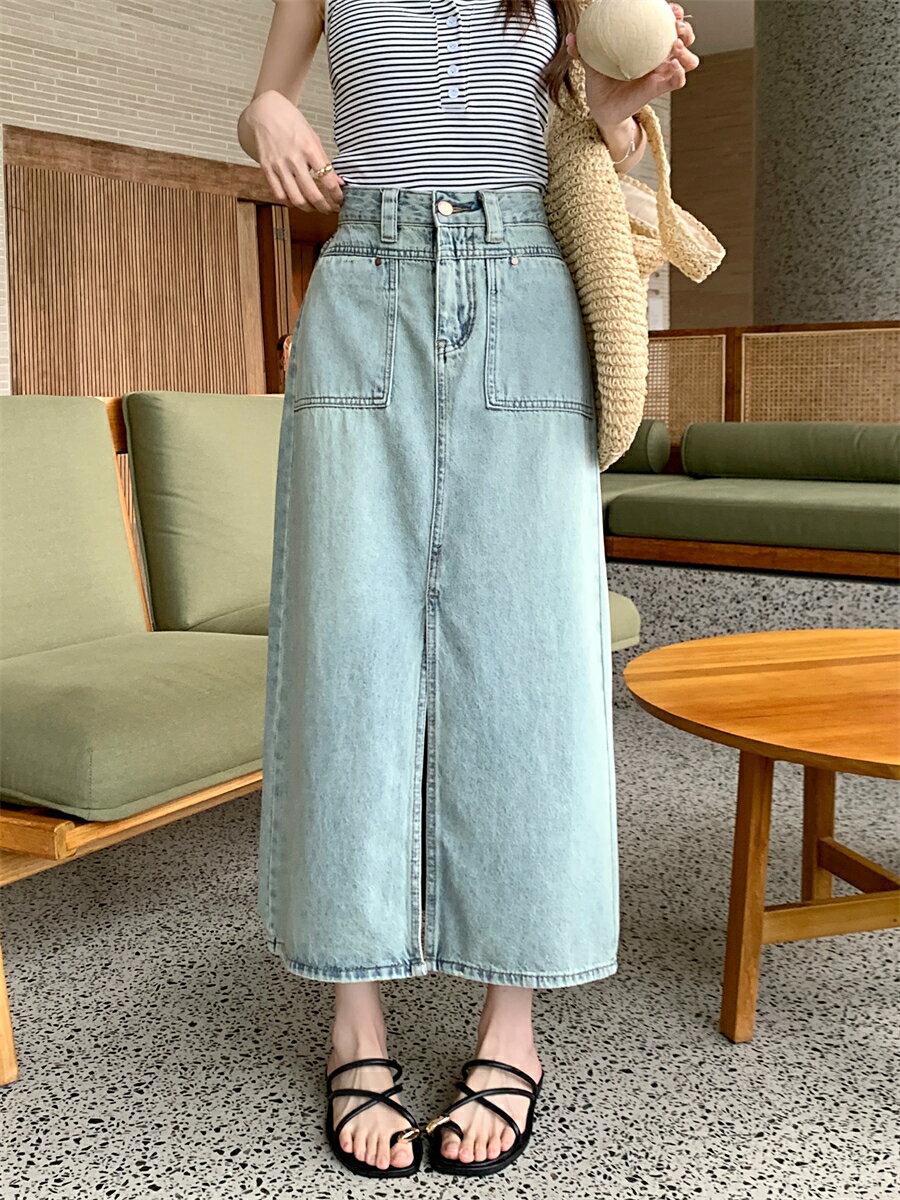 半身 デニム スカート レディース スカート ハイウエスト ミドル丈 ベルトループ ポケット付き ブルー Aライン スカート スリット入り ウォッシュ加工 ヴィンテージ風 着痩せ ゆったり カジュアル きれいめ おしゃれ 上品 エレガンス 大人 女性 大学生 OL 普段使い 通勤通学