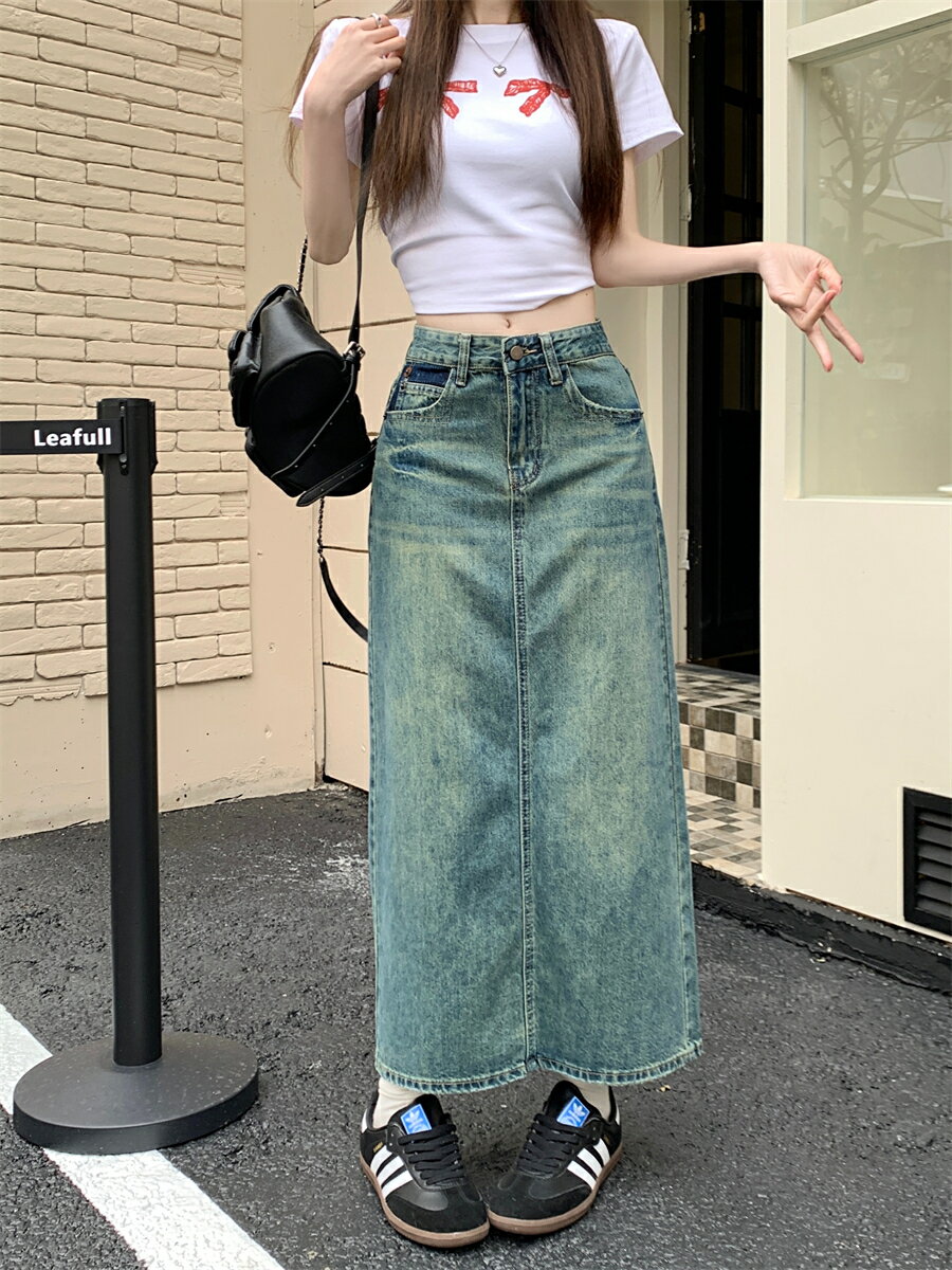 レディース スカート ハイウエスト ミドル丈 半身 デニム スカート ベルトループ ポケット付き Aラインスカート ストレート デニム スカート ブルー スリット入り スタイリッシュ カジュアル きれいめ おしゃれ エレガンス 着痩せ ゆったり 体型カバー だぼっと感がかわいい