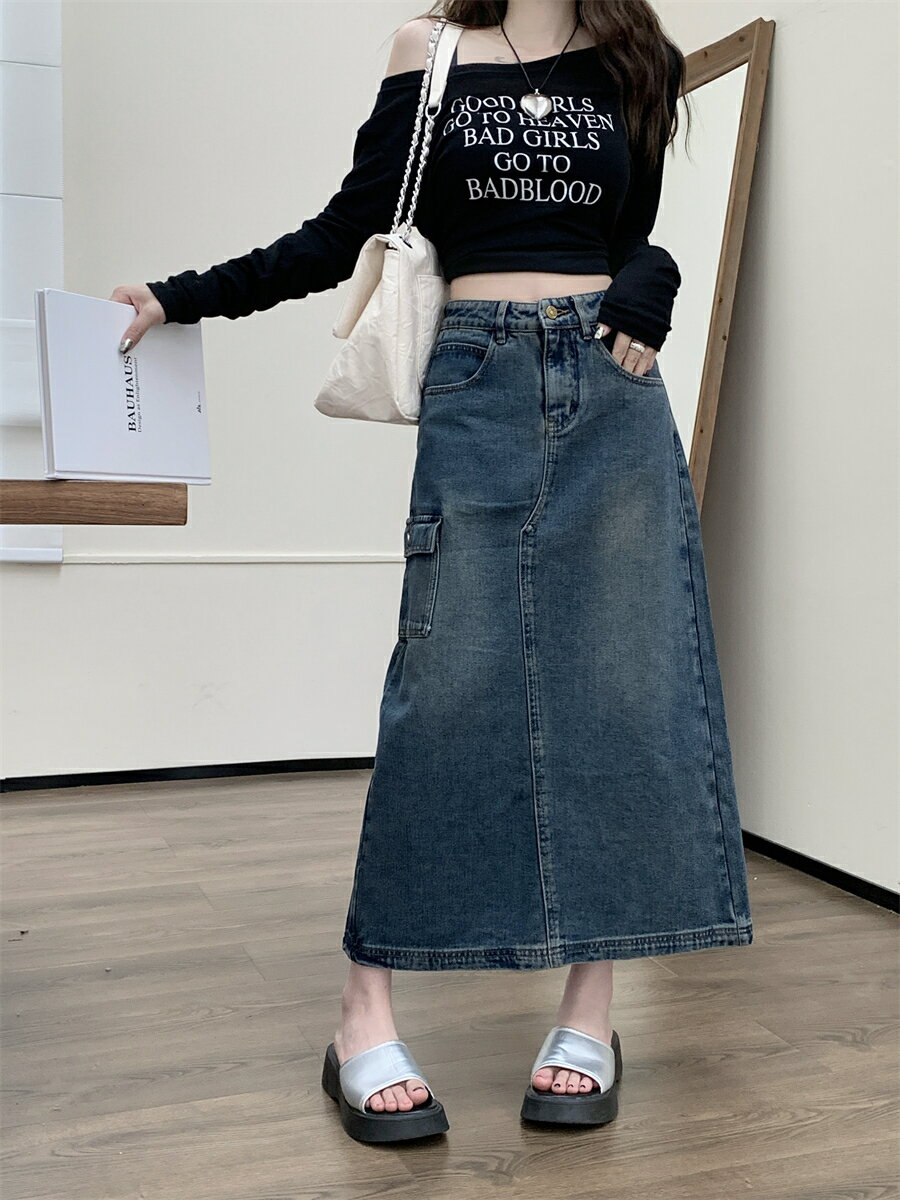 デニムスカート 半身 ハイウエスト レディース スカート スリット入り Aラインスカート ベルトループ ポケット付き ワークウェア ロングスカート スウィート スタイル スタイリッシュ カジュアル きれいめ おしゃれ 着痩せ ゆったり だぼっと感がかわいい 女性用 大学生 大人