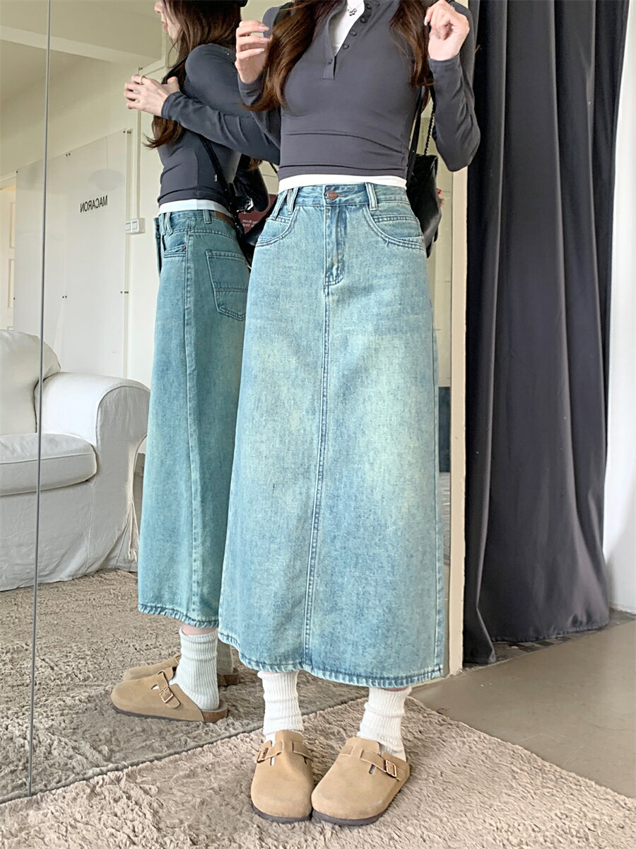 ハイウエスト 半身 デニム スカート ミドル丈 レディース スカート ベルトループ ポケット付き Aラインスカート ストレート ブルー スリット入り ヴィンテージ風 スタイリッシュ カジュアル きれいめ おしゃれ ガーリー 抜け感 着痩せ ゆったり 体型カバー 通勤通学 普段使い