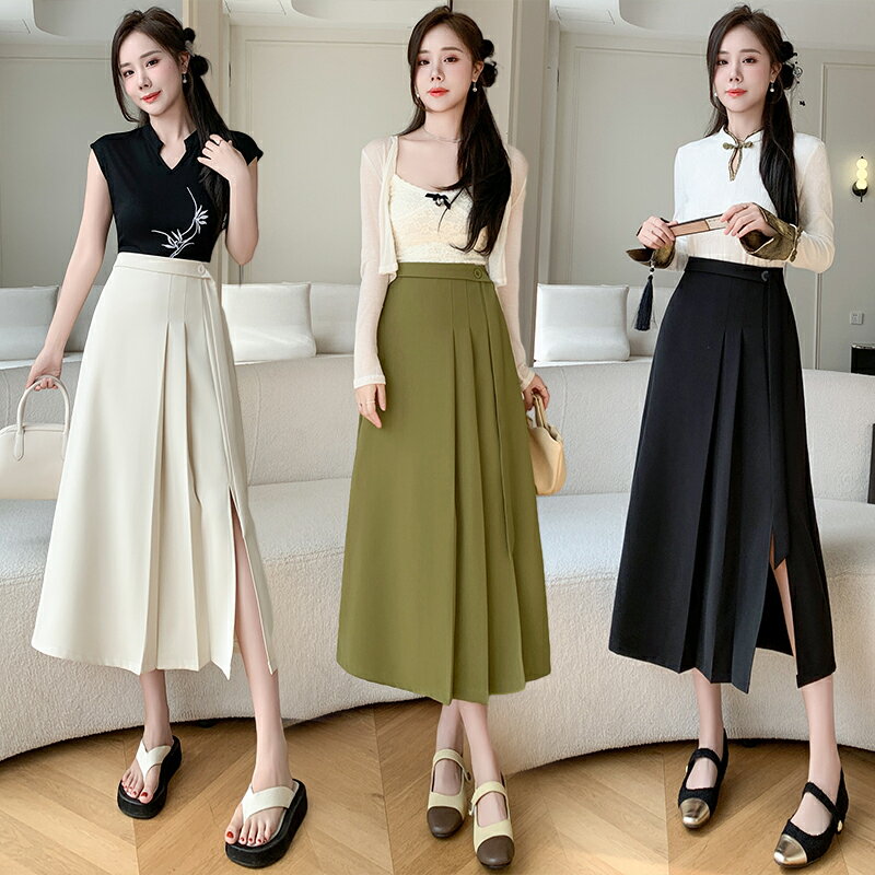 ロングスカート プリーツスカート ハイウエスト 洋服 半身 レディース スカート ミドル丈 Aラインスカート スリット入り カジュアル シンプル スタイリッシュ 着痩せ ゆったり 体型カバー 美脚 脚長効果 おしゃれ きれいめ ロングスカート 抜け感 だぼっと感がかわいい