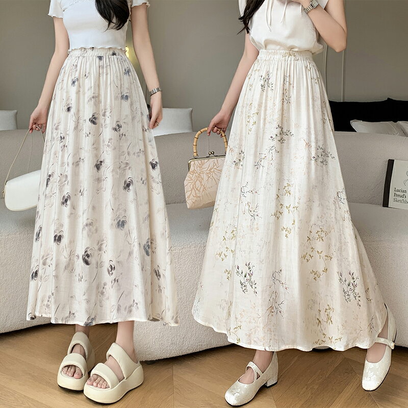 レディース スカート 半身 ハイウエスト ウエストゴム Aラインスカート 中国風 フラワーデザイン ロングスカート 太め 柔らかい フリルスカート ドレープ効果 カジュアル ゆったり 着痩せ 体型カバー だぼっと感がかわいい ガーリー きれいめ おしゃれ 女性 大学生 大人