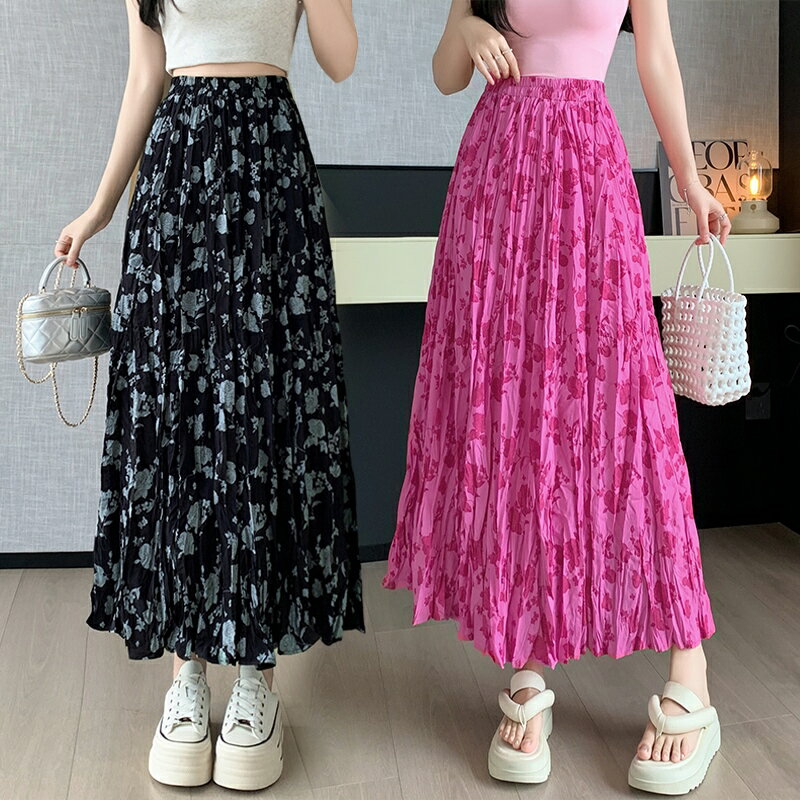 プリント スカート ハイウエスト 半身スカート プリーツスカート レディース スカート Aラインスカート ウエストゴム ロングスカート フランス 柔らかい カジュアル ゆったり 着痩せ 体型カバー 可愛い デート 散歩する 旅行 写真を撮る 普段着 通勤 女性用 大学生 大人
