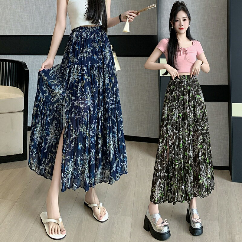プリント スカート ハイウエスト スリット入り 半身スカート プリーツスカート レディース スカート Aラインスカート ウエストゴム ロングスカート ヴィンテージ風 フランス 柔らかい カジュアル ゆったり 着痩せ 体型カバー 可愛い デート 散歩する 旅に出る 写真を撮る