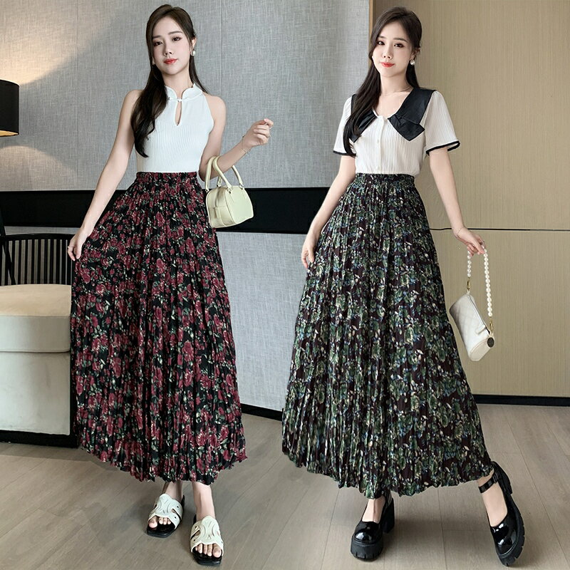 プリント スカート ハイウエスト 半身スカート プリーツスカート レディース スカート Aラインスカート ウエストゴム ロングスカート フランス 柔らかい カジュアル ゆったり 着痩せ 体型カバー 可愛い デート 散歩する 旅行 写真を撮る 普段着 通勤 女性用 大学生 大人