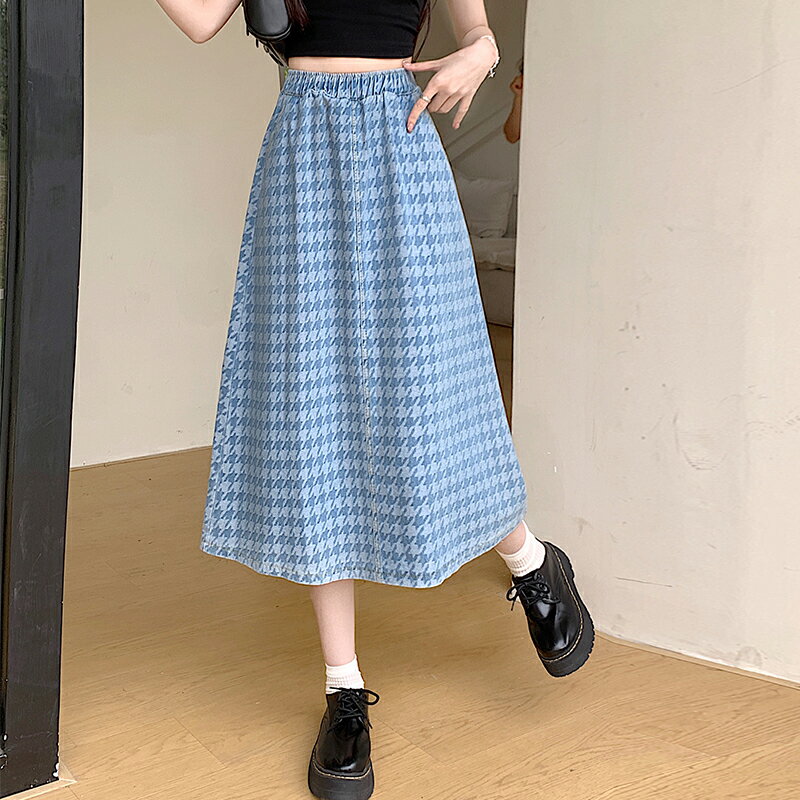 チェックスカート 半身 Aラインスカート ハイウエスト レディース ミドル丈 スカート ライトブルー プリント スカート ウエストゴム 韓国ファッション カジュアル ゆったり 着痩せ 体型カバー だぼっと感がかわいい 抜け感 キャンプ デート 通勤通学 散歩する 写真を撮る