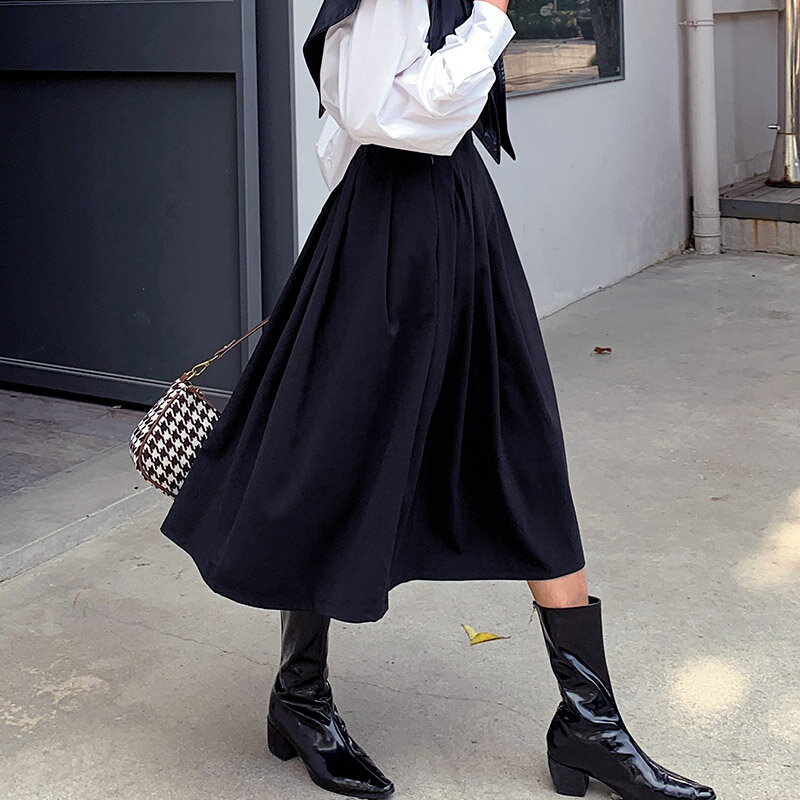 レディース 半身 スカート 洋服 プリーツスカート ハイウエスト Aラインスカート ミドル丈 ウエストゴム フリルスカート 無地 フランス 柔らかい ブラック プリーツスカート 大きいサイズ ゆったり 着痩せ 体型カバー おしゃれ きれいめ 上品 だぼっと感が可愛い 抜け感