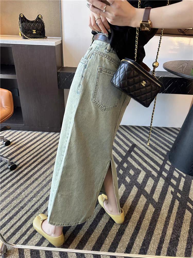 ハイウエスト デニム 半身 スカート レディース スカート ベルトループ ポケット付き ブルー Aラインスカート スリット入り ストレート フリンジ スカート ウォッシュ加工 着痩せ ゆったり きれいめ おしゃれ エレガンス ロングスカート ガーリー スタイリッシュ 大人 女性用