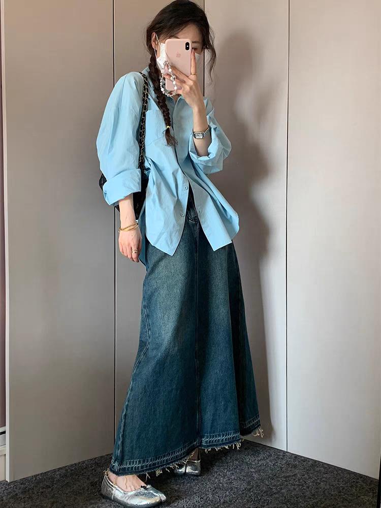 レディース スカート ハイウエスト 半身 デニム スカート ミドル丈 ベルトループ ポケット付き ブルー Aライン スカート スリット入り フリンジ スカート ウォッシュ加工 ヴィンテージ風 着痩せ ゆったり カジュアル きれいめ おしゃれ 体型カバー ガーリー ロング スカート