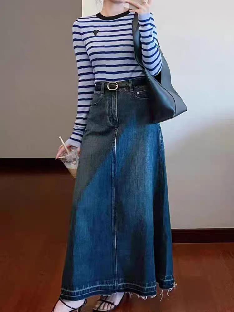 ハイウエスト 半身 デニム スカート レディース スカート ミドル丈 ベルトループ ポケット付き ブルー Aラインスカート ストレート フリンジ スカート 韓国ファッション 着痩せ ゆったり カジュアル きれいめ おしゃれ 上品 エレガンス 大人 女性用 大学生 普段使い 通勤通学