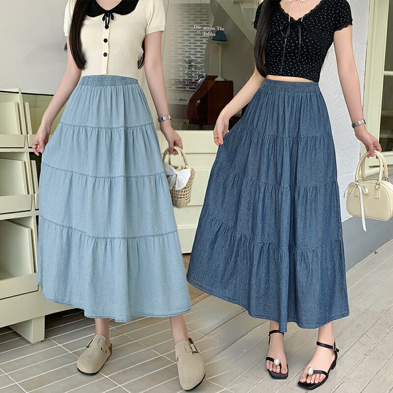 デニムスカート Aラインスカート 半身 デニムスカート レディース スカート プリーツスカート ケーキスカート ハイウエスト ミドル丈 デニムスカート ストレッチ ウエスト ライトブルー ネイビーブルー エレガンス 着痩せ ゆったり 可愛い スカート ガーリー 普段着 通勤通学