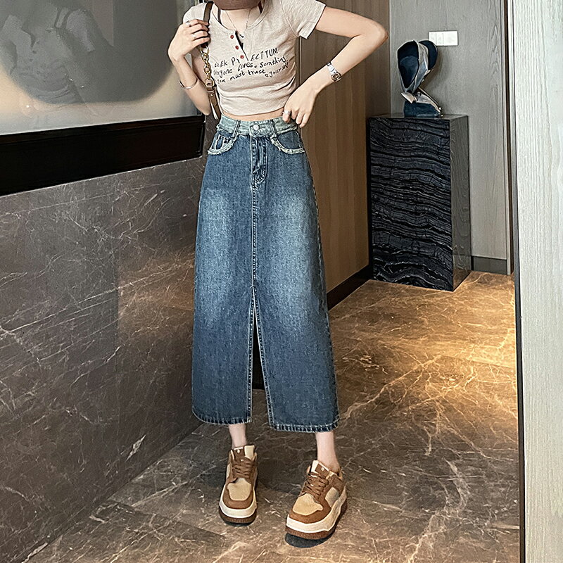 レディース スカート デニムスカート 半身 ハイウエスト ヒップ ハグ スカート Aラインスカート ポケット付き パッチワーク フリンジ スカート ミドル丈 上品 ヴィンテージ風 デザイン感 韓国風 スタイリッシュ 着痩せ ゆったり 体型カバー 大人 女性用 大学生 スリット入り