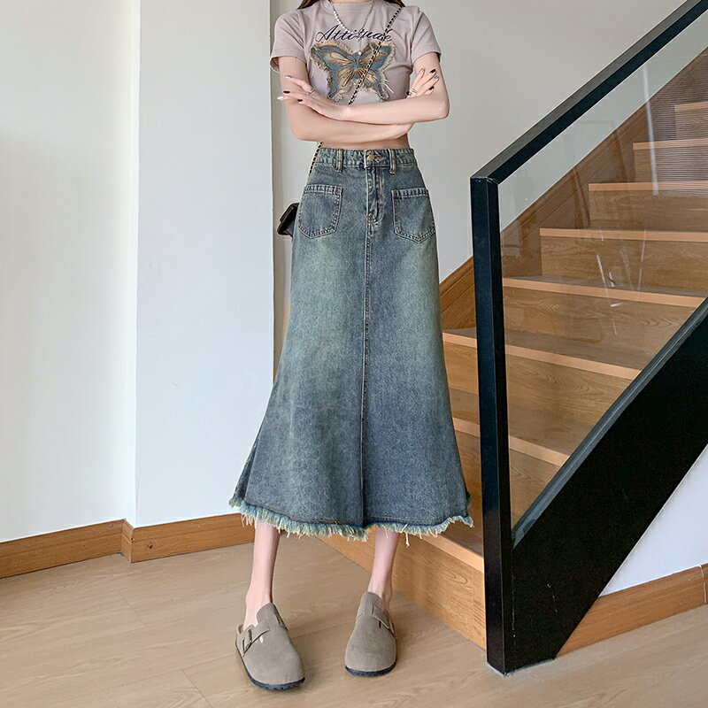デニムスカート 半身 レディース スカート マーメイドスカート ハイウエスト Aラインスカート ミドル丈 ヒップ ハグ スカート ロングスカート ポケット付き フリンジ スカート ベルトループ キャンプ デート 着痩せ ゆったり 散歩する 旅に出る 写真を撮る 普段使い 通勤通学