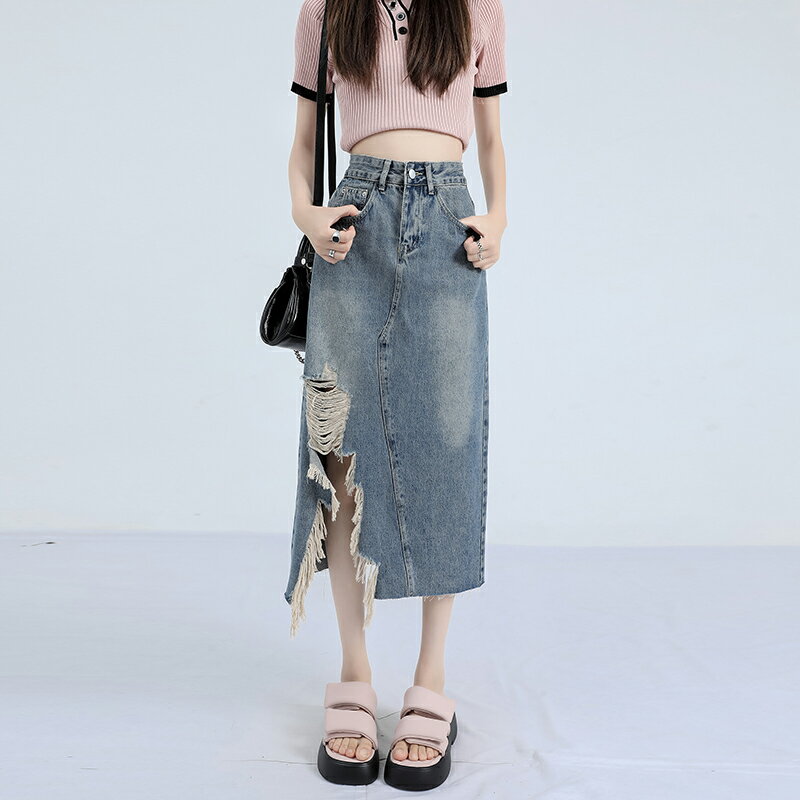 デニムスカート レディース スカート ハイウエスト 半身 デニムスカート リップド デニムスカート ポケット付き ミドル丈 Aラインスカート 不規則デザイン ヴィンテージ風 着痩せ ゆったり 抜け感 通勤通学 デート 散歩する 旅に出る 写真を撮る 普段使い 大人 女性用 大学生