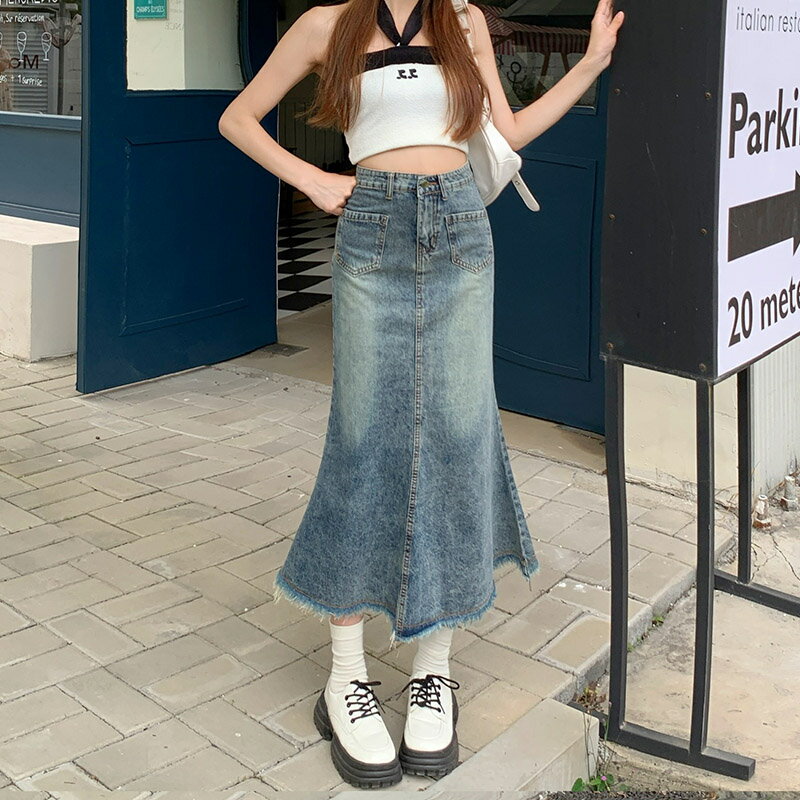 マーメイドスカート デニムスカート 半身 レディース スカート Aラインスカート ヒップ ハグ スカート ハイウエスト ベルトループ ポケット付き ミドル丈 フリンジ スカート 美脚 脚長効果 着痩せ お洒落 美尻 体型カバー ヴィンテージ風 韓国ファッション 大人 女性 大学生