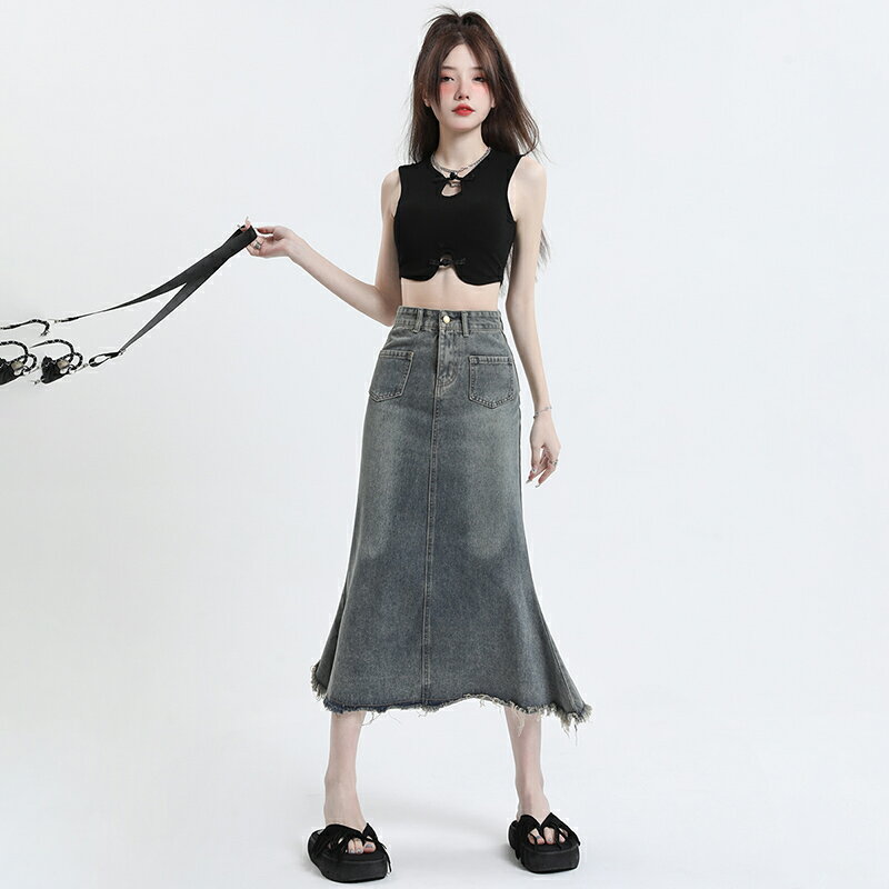 デニムスカート 半身 マーメイドスカート レディース スカート ハイウエスト ヒップ ハグ スカート Aラインスカート ミドル丈 フリンジ スカート ポケット付き ベルトループ ミドル丈 デニムスカート ヴィンテージ風 体型カバー 着痩せ ゆったり 韓国ファッション 大人 女性