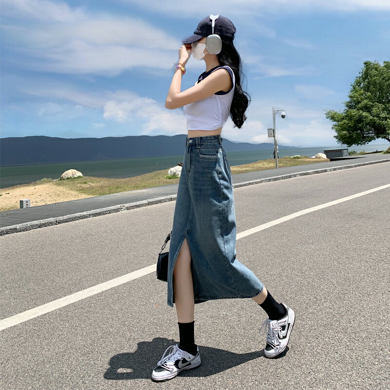 デニムスカート 半身 レディース スカート ヒップ ハグ スカート ハイウエスト Aラインスカート ベルトループ ポケット付き スリット入り ミドル丈 大人気 デニムスカート 動きやすい シンプル スタイリッシュ ヴィンテージ風 着痩せ ゆったり カジュアル 女性用 大学生 大人