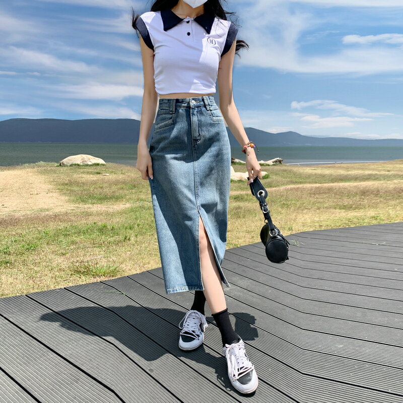 デニムスカート 半身 レディース スカート ヒップ ハグ スカート ハイウエスト ミドル丈 スリット入り Aラインスカート ポケット付き ベルトループ 着痩せ ゆったり 抜け感 カジュアル シンプル エレガンス デート 散歩する 旅に出る 写真を撮る 普段使い 大人 女性用 大学生