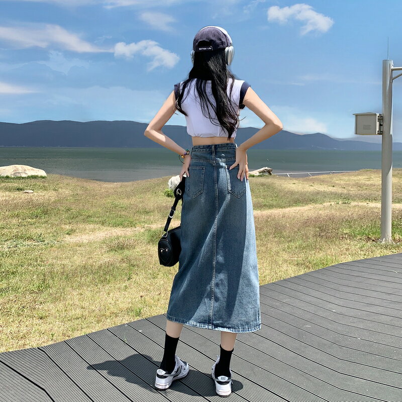 デニムスカート 半身 ヒップ ハグ スカート ハイウエスト レディース スカート ミドル丈 スリット入り Aラインスカート ポケット付き ベルトループ カジュアル シンプル エレガンス 着痩せ ゆったり 抜け感 写真を撮る 普段使い デート 旅に出る散歩する 女性用 大学生 大人