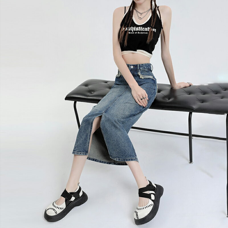 レディース スカート デニム スカート ハイウエスト ミドル丈 ヒップ ハグ スカート スリット入り 半身 デニム スカート フリンジ ポケット付き ヴィンテージ風 カジュアル きれいめ シンプル 着痩せ ゆったり 体型カバー 可愛い 柔らか 大人 女性用 大学生 デート 旅に出る