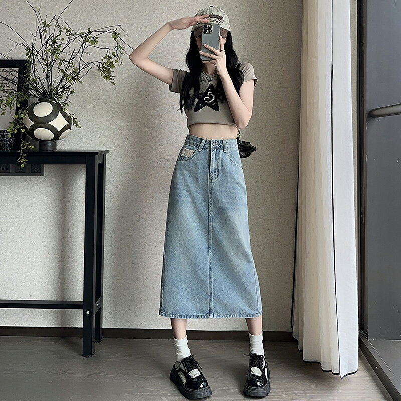 ヒップ ハグ スカート ハイウエスト デニムスカート 半身 レディース スカート スリット入り ミドル丈 Aラインスカート ライトブルー ポケット付き ベルトループ 着痩せ ゆったり 体型カバー だぼっと感がかわいい 柔らか エレガンス キャンプ デート OL 大人 女性用 大学生