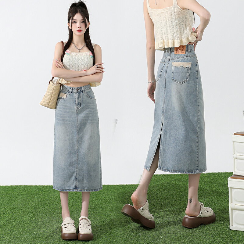 ヒップ ハグ スカート 半身 デニムスカート ハイウエスト レディース スカート ミドル丈 スリット入り Aラインスカート デザイン感 ポケット付き ベルトループ ライトブルー デニムスカート カジュアル シンプル スタイリッシュ 着痩せ ゆったり 体型カバー 柔らか きれいめ