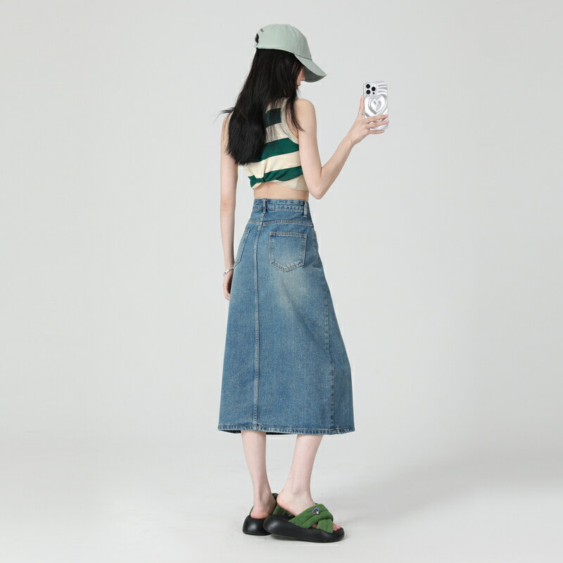 ハイウエスト デニム 半身 スカート レディース スカート ミドル丈 Aラインスカート ヒップ ハグ スカート スリット入り ポケット付き ベルトループ デニム スカート シンプル ヴィンテージ カジュアル スタイリッシュ きれいめ 柔らか おしゃれ 着痩せ ゆったり 動きやすい