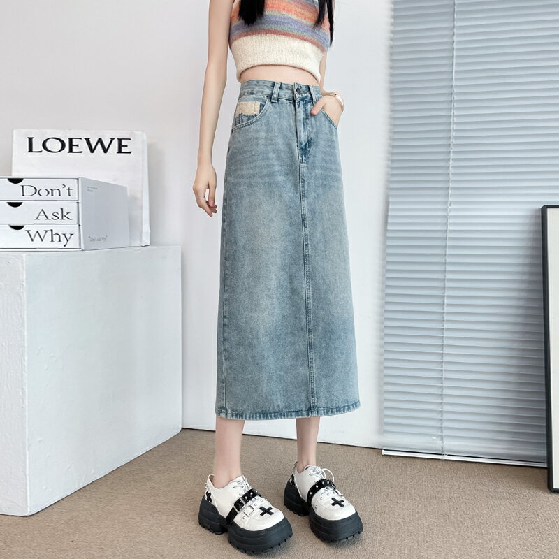 デニムスカート 半身 レディース スカート スリット入り ハイウエスト ヒップ ハグ スカート ミドル丈 Aラインスカート ベルトループ ポケット付き ライトブルー デニムスカート シンプル スタイリッシュ ヴィンテージ 韓国風 おしゃれ 抜け感 柔らか 着痩せ ゆったり 可愛い