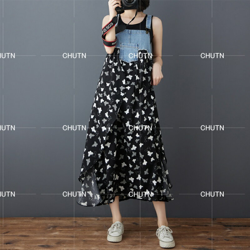 デニム サロペット ワンピース レディース ジャンパースカート シフォン 切り替え サロペットワンピ 綿 春 夏 フリル レトロ 体型カバー おしゃれ ゆったり ストリート ノースリーブ 重ね着 通勤 OL 大人 レイヤード 着回し プリント 不規則 20代 30代 40代