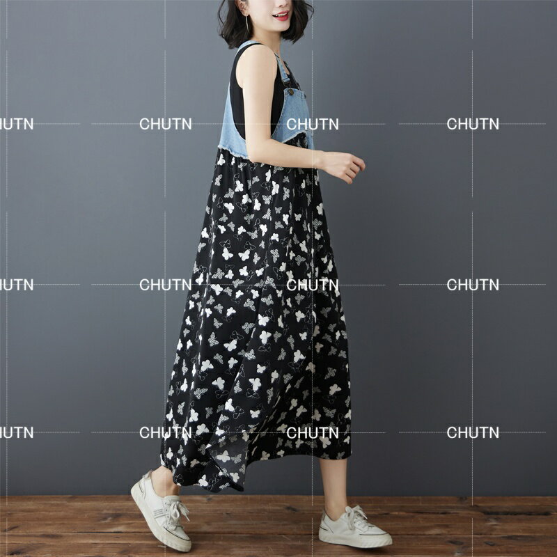 デニム サロペット ワンピース レディース ジャンパースカート シフォン 切り替え サロペットワンピ 綿 春 夏 フリル レトロ 体型カバー おしゃれ ゆったり ストリート ノースリーブ 重ね着 通勤 OL 大人 レイヤード 着回し プリント 不規則 20代 30代 40代