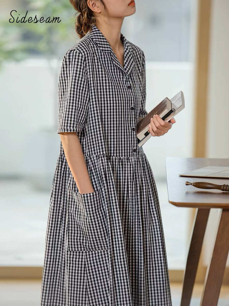 シャツワンピース ロングワンピース レディース シングルブレスト シャリ感 リラクス感 スクール チェック柄 チェック オフタートル リラクス感 スクール ゆったり リゾート レジャー 大きめ ファッショ 半袖 Aライン ハイウエスト 無地 シンプル ボタン ナチュラル