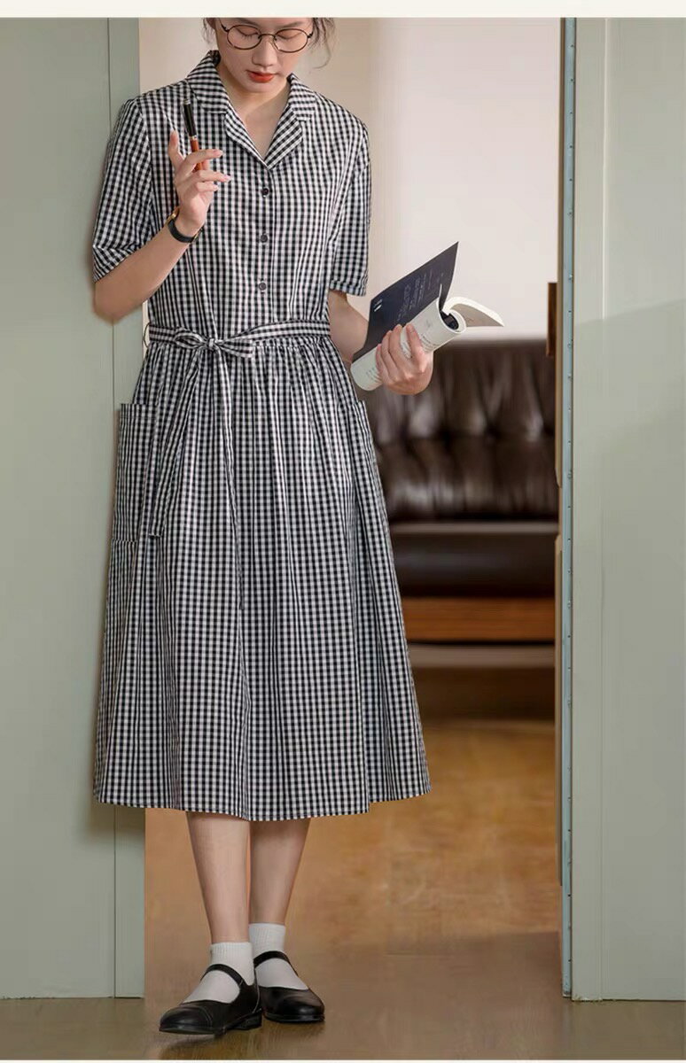 シャツワンピース ロングワンピース レディース シングルブレスト シャリ感 リラクス感 スクール チェック柄 チェック オフタートル リラクス感 スクール ゆったり リゾート レジャー 大きめ ファッショ 半袖 Aライン ハイウエスト 無地 シンプル ボタン ナチュラル