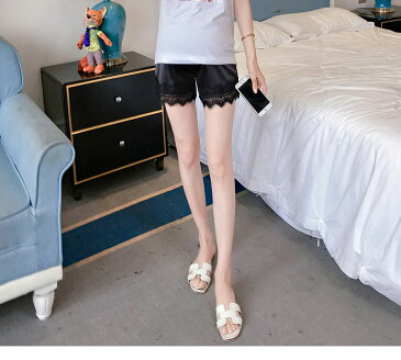 「短納期」ペチパンツ ショートパンツ リゾート ウエスト調節可能 ハイウェスト レディース ペチコート レース裾 上質ショーパン シルクパンツ パンツ フリルパンツ 透け防止 股ずれ防止 リラックス 薄手 ボトムス キレイめ 産前産後 妊婦服 アジャスター付き