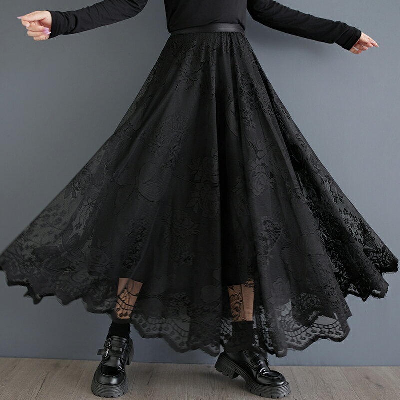 総レース Aライン レーススカート プリーツスカート マキシ フレアスカート 花柄 レース ロング丈 ブラック ボトムス きれいめ レディース カジュアル 体型カバー 着痩せ ロングスカート ウエストゴム フリーサイズ 無地 オフィス OL シンプル デザイン ジャカード