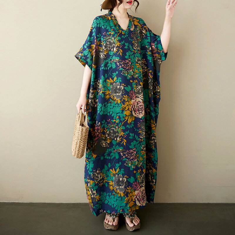 ボヘミアンリゾートワンピース マキシワンピース レディース リゾート レトロ ヴィンテージ Vネック 大きいサイズ 薄手 かぶるタイプ ゆったり 体型カバー 総柄 プリント のんびり アート感 コンフォート ファッション テンパメント シルエット ポケット付き グラマラス