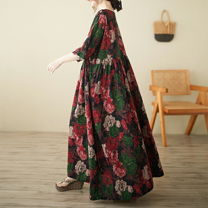 リゾートワンピース フレアワンピース レディース ラウンドネック プリント ゆったり 体型カバー 着やせ シャーリン シャーリング レトロ ヴィンテージ ビジュアル カジュアル かぶるタイプ プリント クルーネック ルーズ エレガント 楽ちん シルエット スッキリ